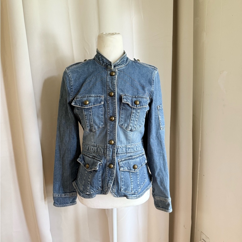 Y2K Fitted Denim Jacket With Military Style Buttons and Pockets